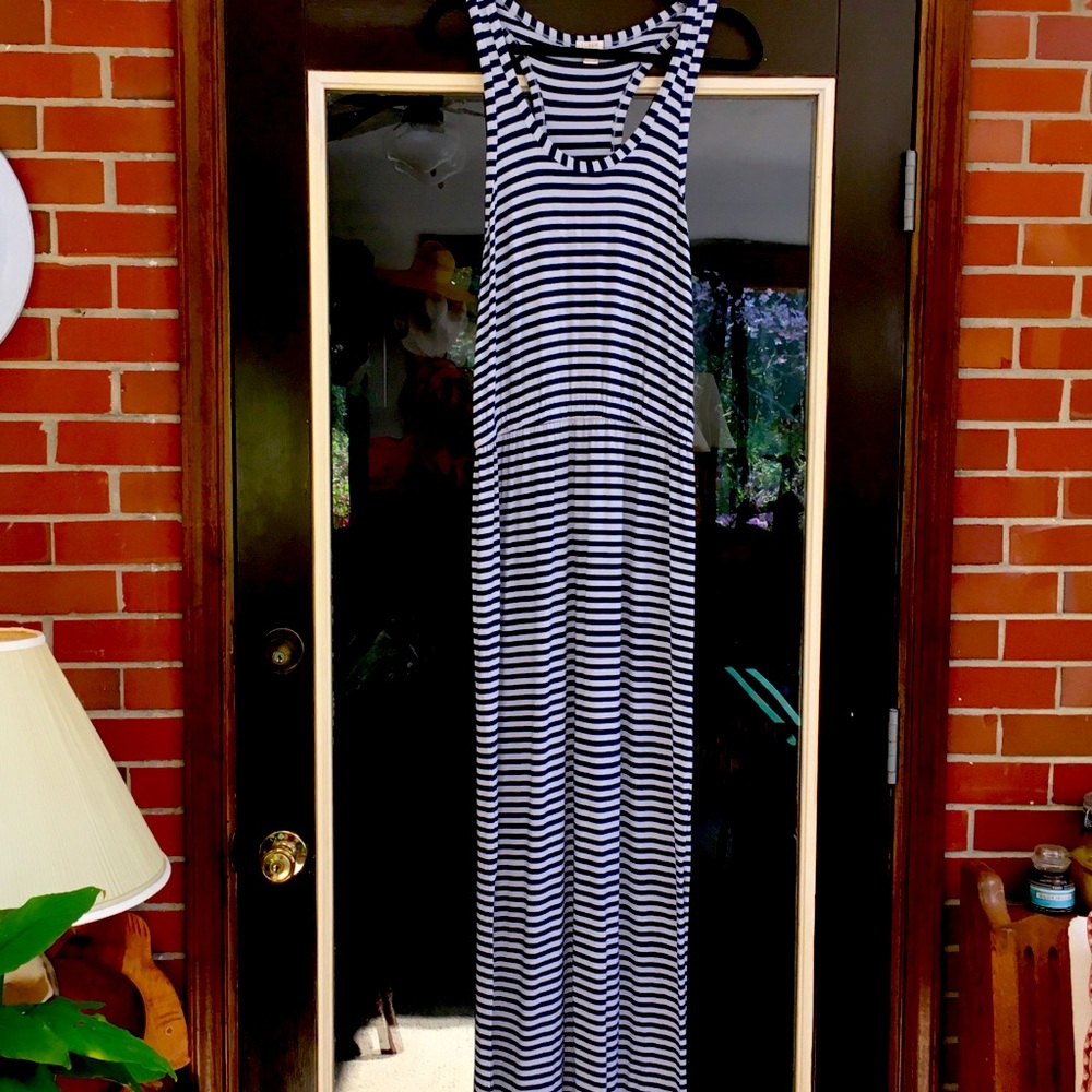Med Sz, JCrew racerback maxi blue/white striped tank dress. Exc. condition.